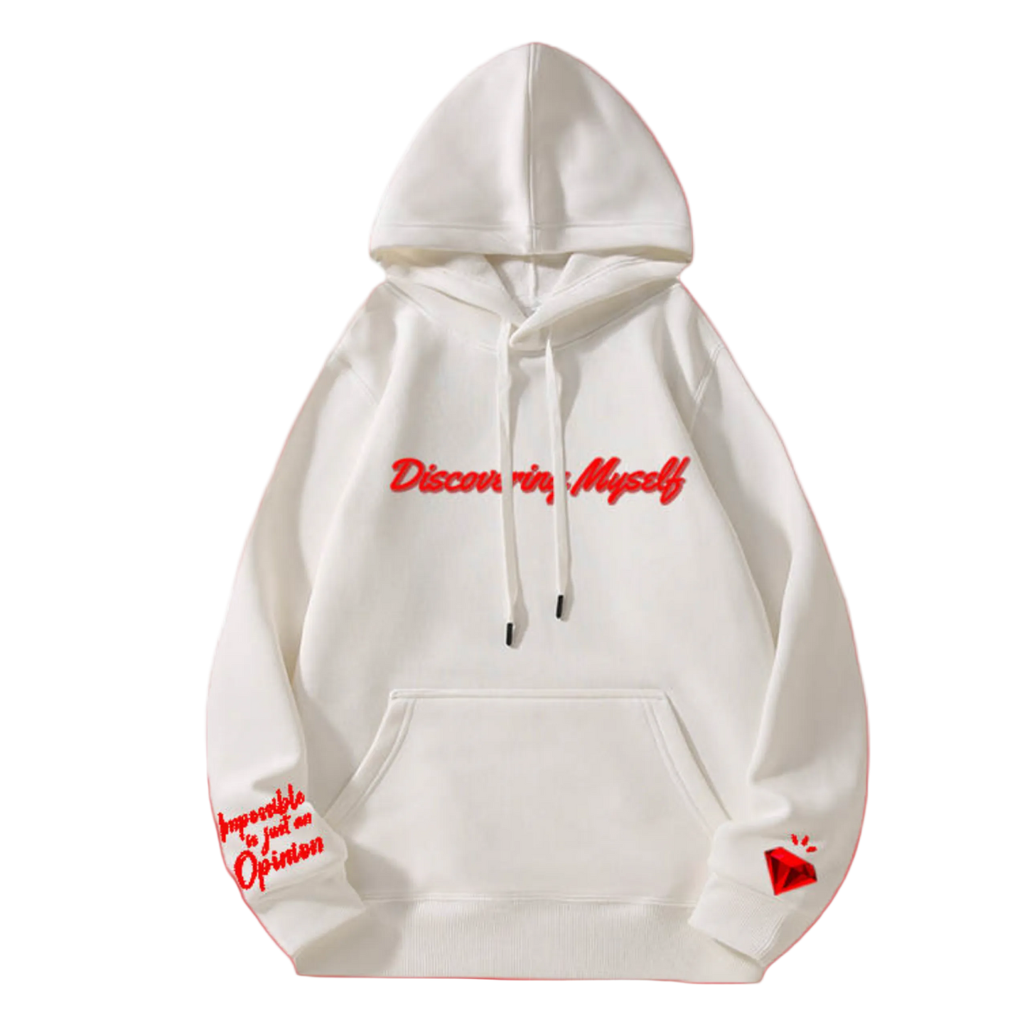 A white pullover hoodie with red embroidered text on the chest reading 'Discovin Myself' and additional red text on the sleeves, shown against a solid red background.