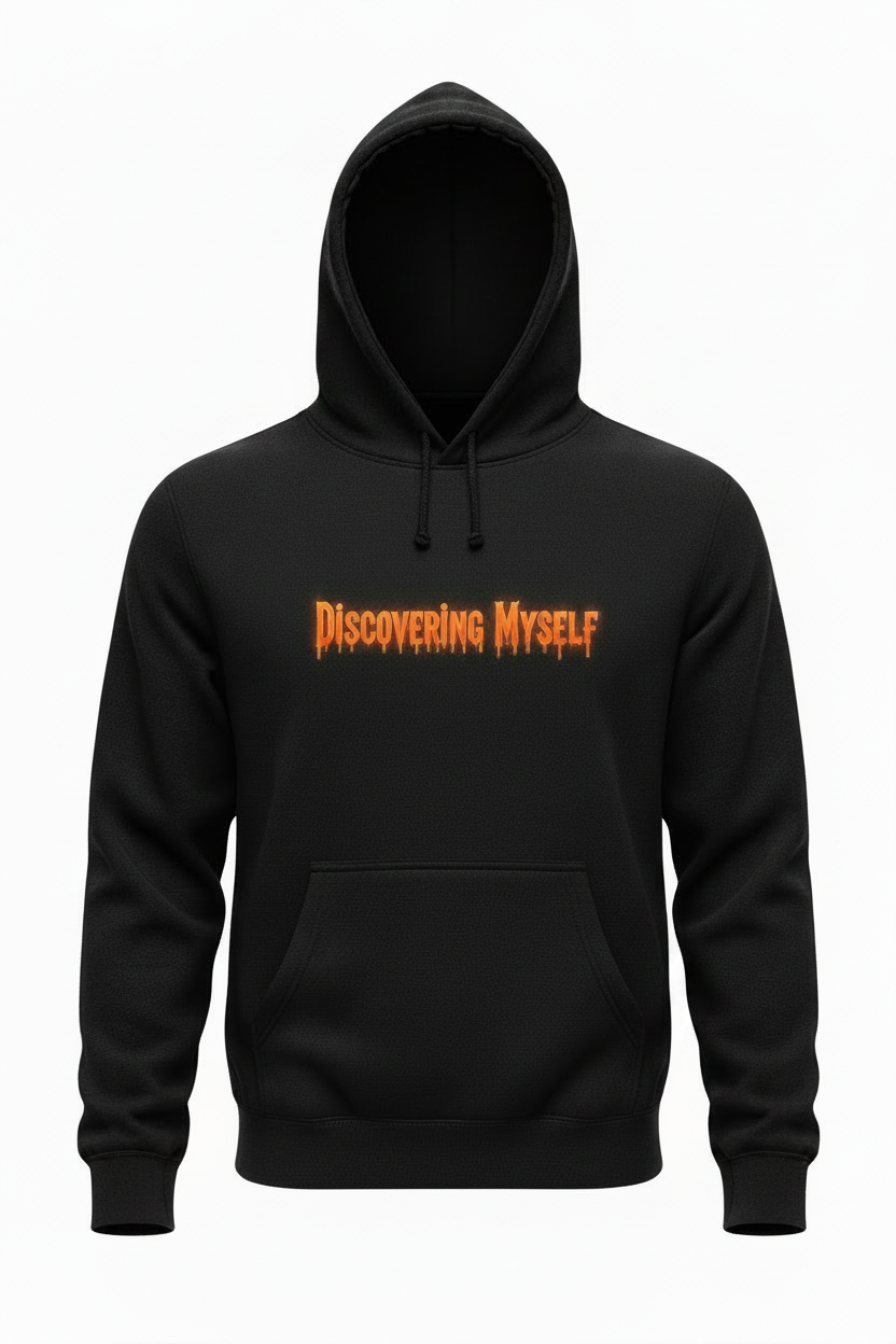Black Halloween Dri-Fit hoodie, front view with orange Discovering Myself chest graphic