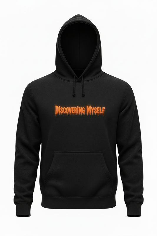 Black Halloween Dri-Fit hoodie, front view with orange Discovering Myself chest graphic