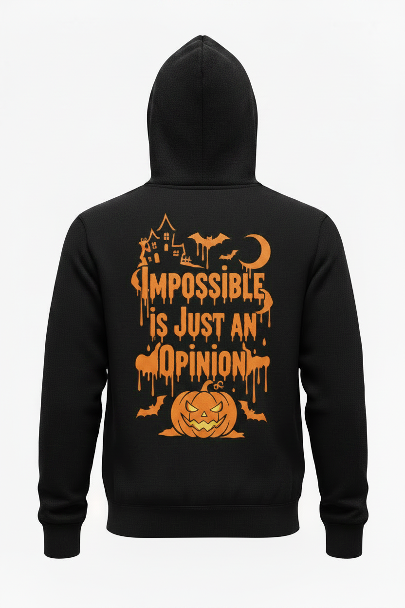 Black Halloween Dri-Fit hoodie, back view with orange Halloween graphic and Impossible Is Just An Opinion text